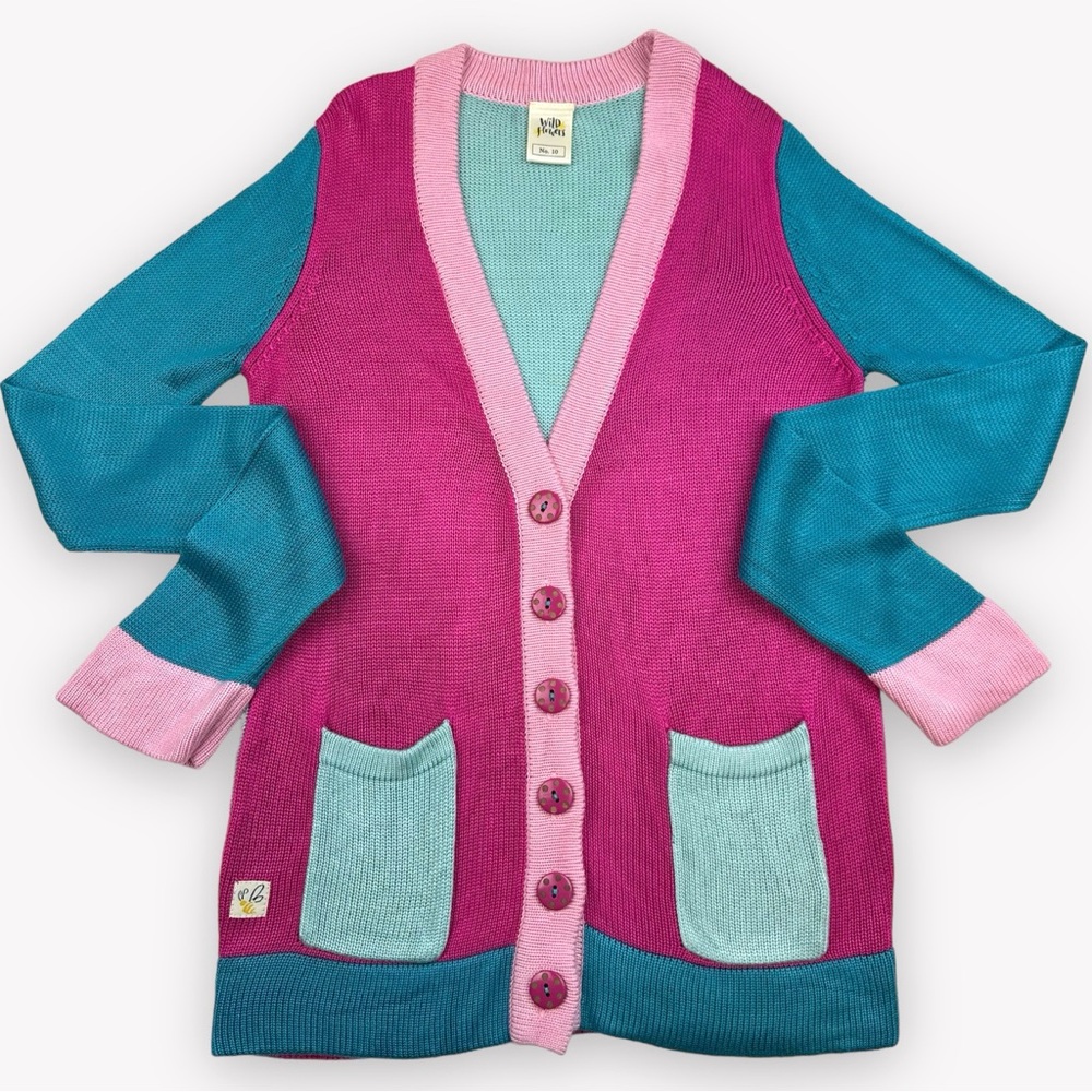 Sz 10 Wildflowers Colorblock sweater teal and fuchsia cardigan pockets buttons